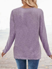 Lavender slub knit top with long sleeves and a square neckline, showing the back view.