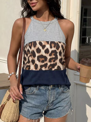 Halter tank top with grey, leopard print, and navy color blocking.