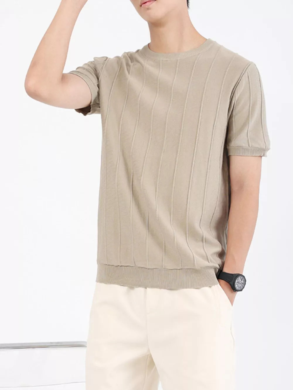 Men's short sleeve t-shirt in coffee with vertical rib texture and crew neck.