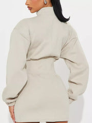 Casual Zip-up Long Sleeve Mini Dress in Off-white, alternate angle