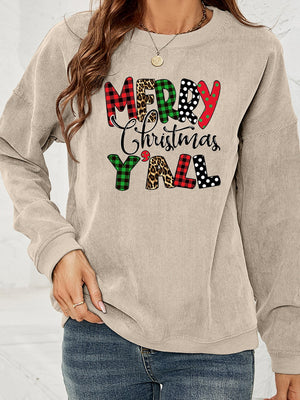Beige corduroy sweatshirt with "Merry Christmas Y'all" graphic in plaid, leopard, and polka dot patterns.