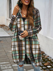 Draped plaid cocoon hoodie jacket with zipper and ring pull, in green, brown, and white.