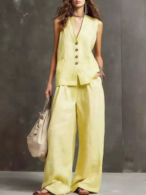 Sleeveless Buttoned Vest And Wide-leg Pants Set, editorial view