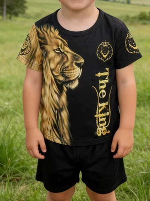 Regal Lion graphic tee and shorts set, black, crew neck, casual baby outfit.