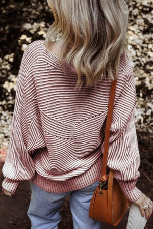 Textured stripe batwing knit sweater in Dusty Pink with a relaxed fit and dropped shoulders.