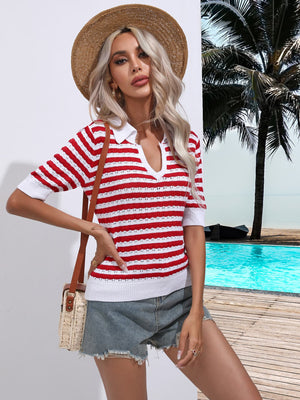 Red and white striped knit polo top with short sleeves and a V-neck.