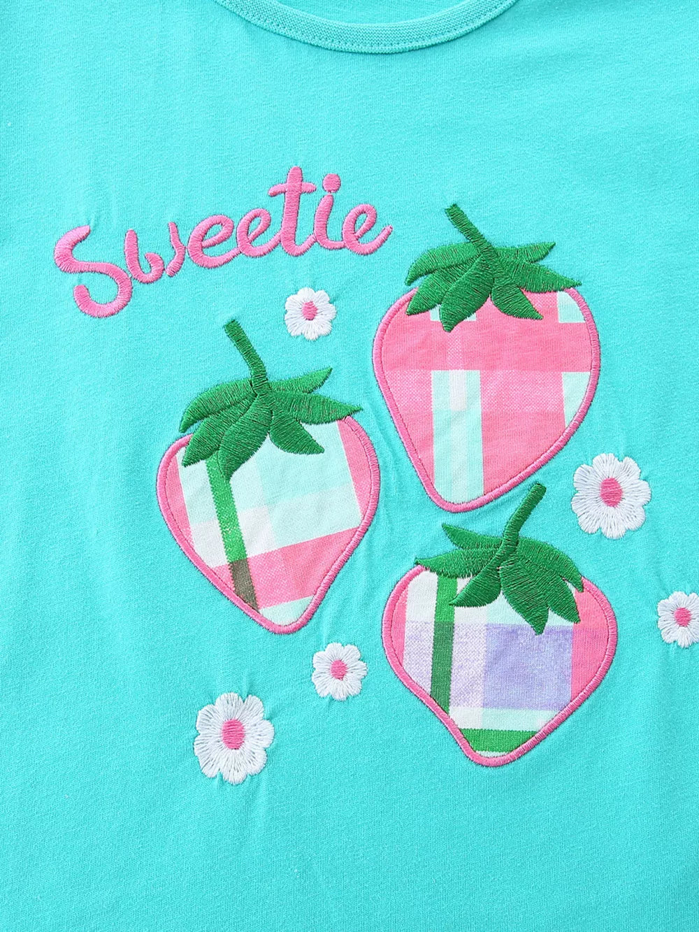 Toddler set with embroidered strawberries and flowers on aqua cotton blend fabric.