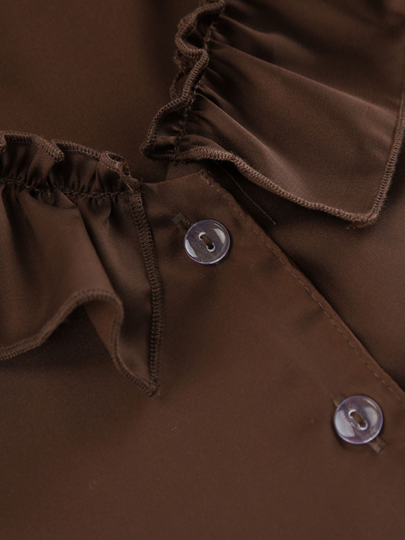 Chocolate ruffled V-neck pajama top detail with buttons