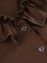 Chocolate ruffled V-neck pajama top detail with buttons