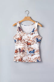 Western-inspired tank top with horse and mountain print, polyester, scoop neck.