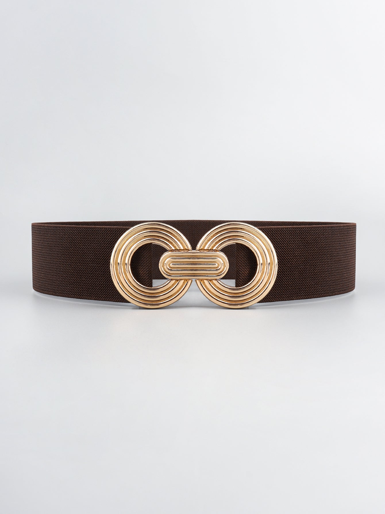 Brown elastic belt with interlocking gold buckle