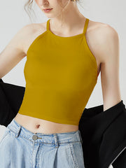 Mustard ribbed racerback crop top with thin straps and a keyhole back detail.