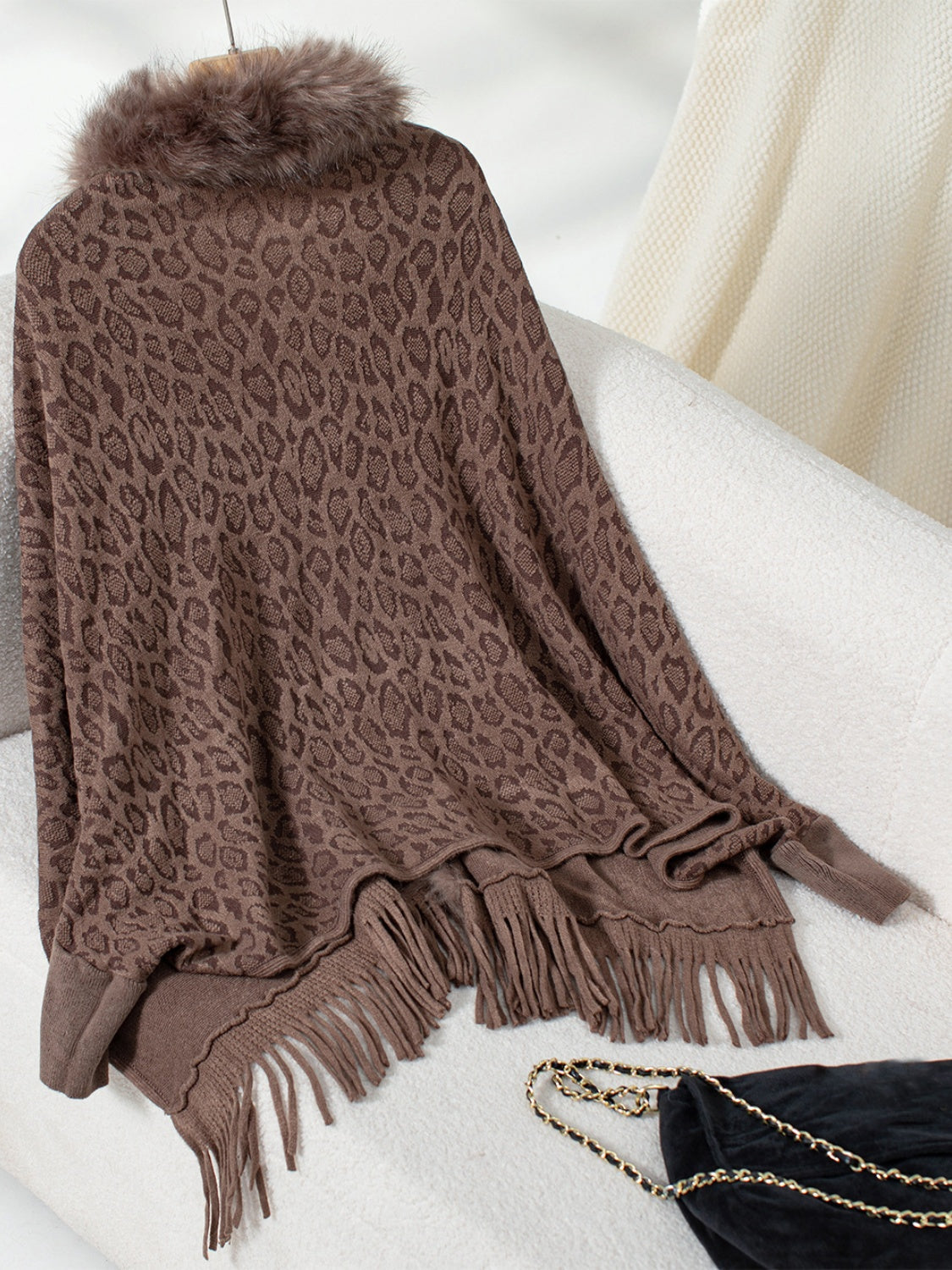 Brown leopard print acrylic cardigan with faux fur collar and fringe hem