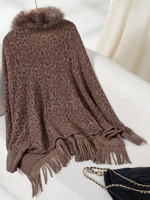 Brown leopard print acrylic cardigan with faux fur collar and fringe hem