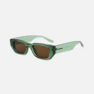 Green angular acetate sunglasses with brown lenses and a smoked finish.