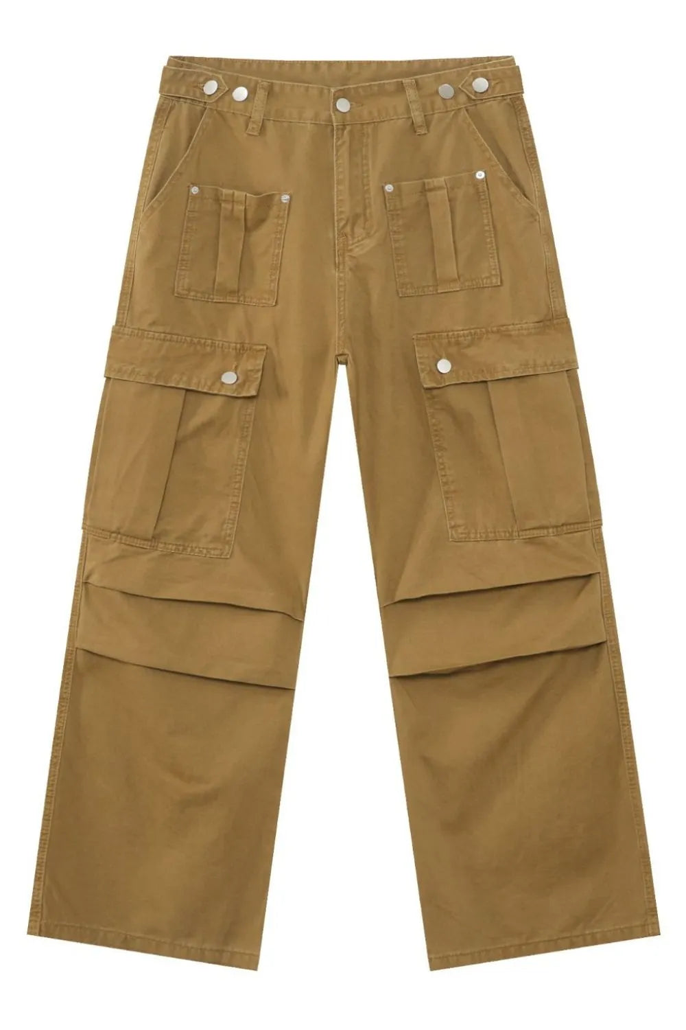 Khaki cargo pocket wide-leg trousers with multiple flap pockets and button closures.