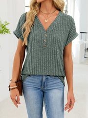Army green ribbed knit V-neck t-shirt with buttons and short sleeves.