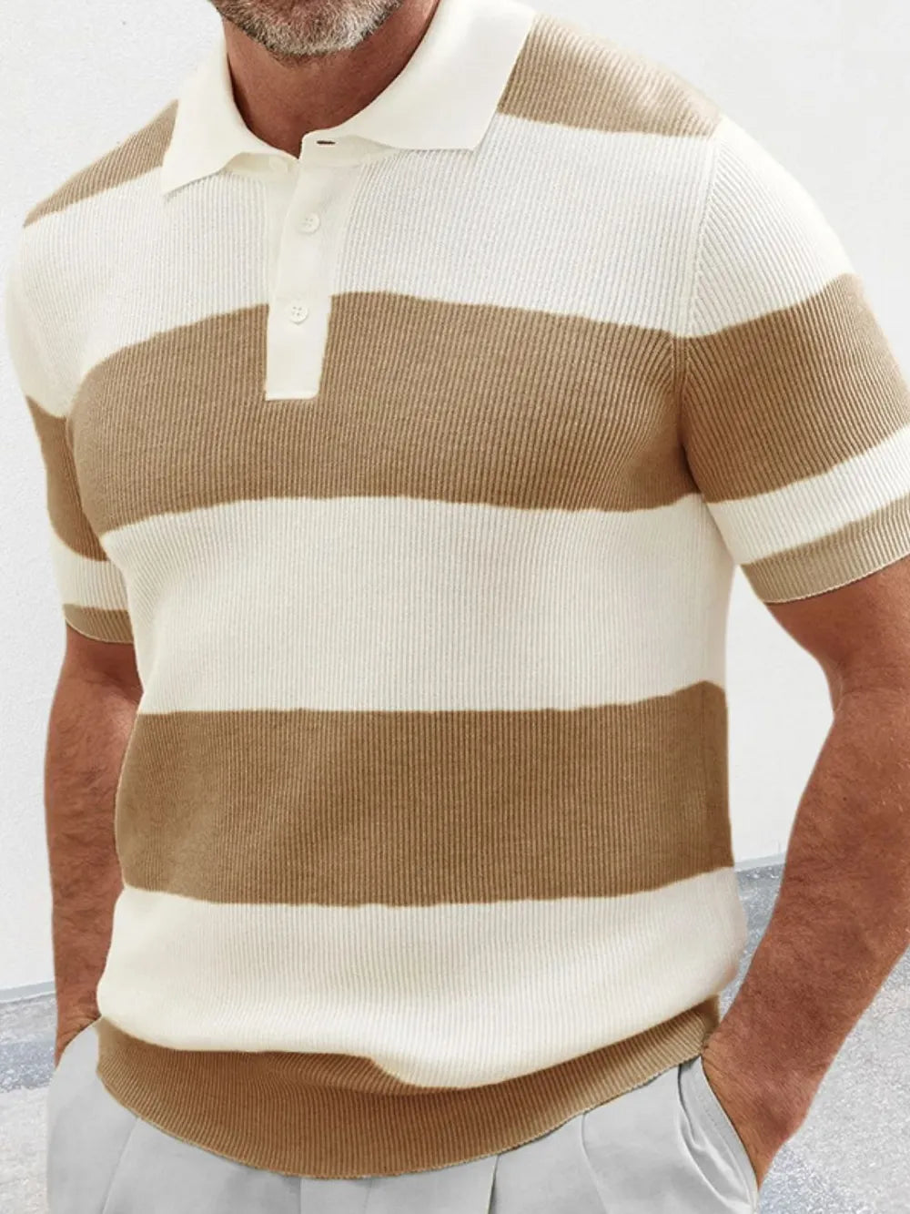 Men's ribbed knit polo shirt with bold horizontal stripes in cream and brown.