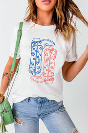 White t-shirt with red and blue cowboy boot graphic and stars pattern