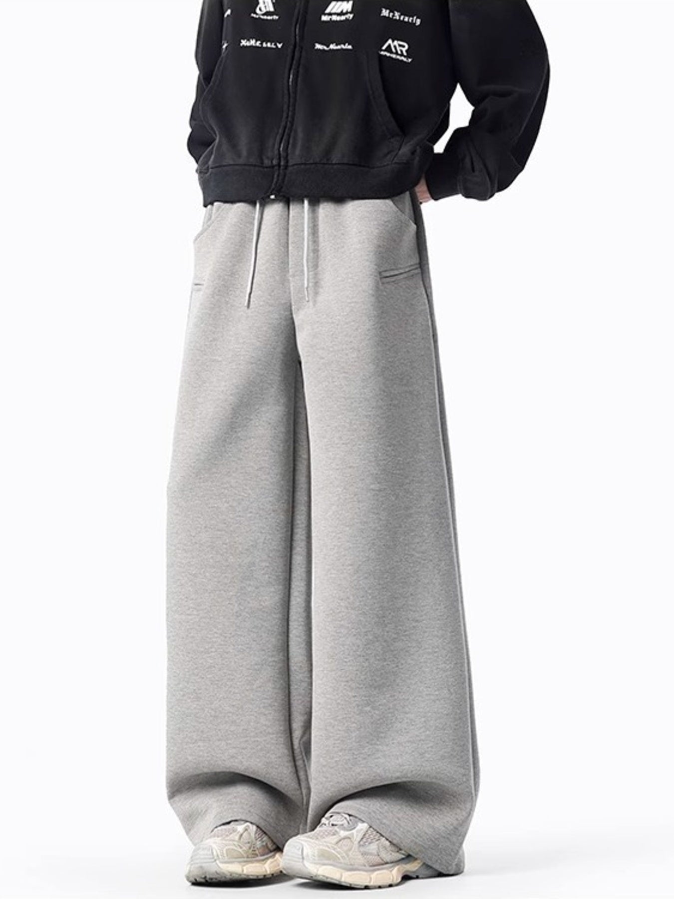 Gray casual wide-leg sweatpants with drawstring and pockets
