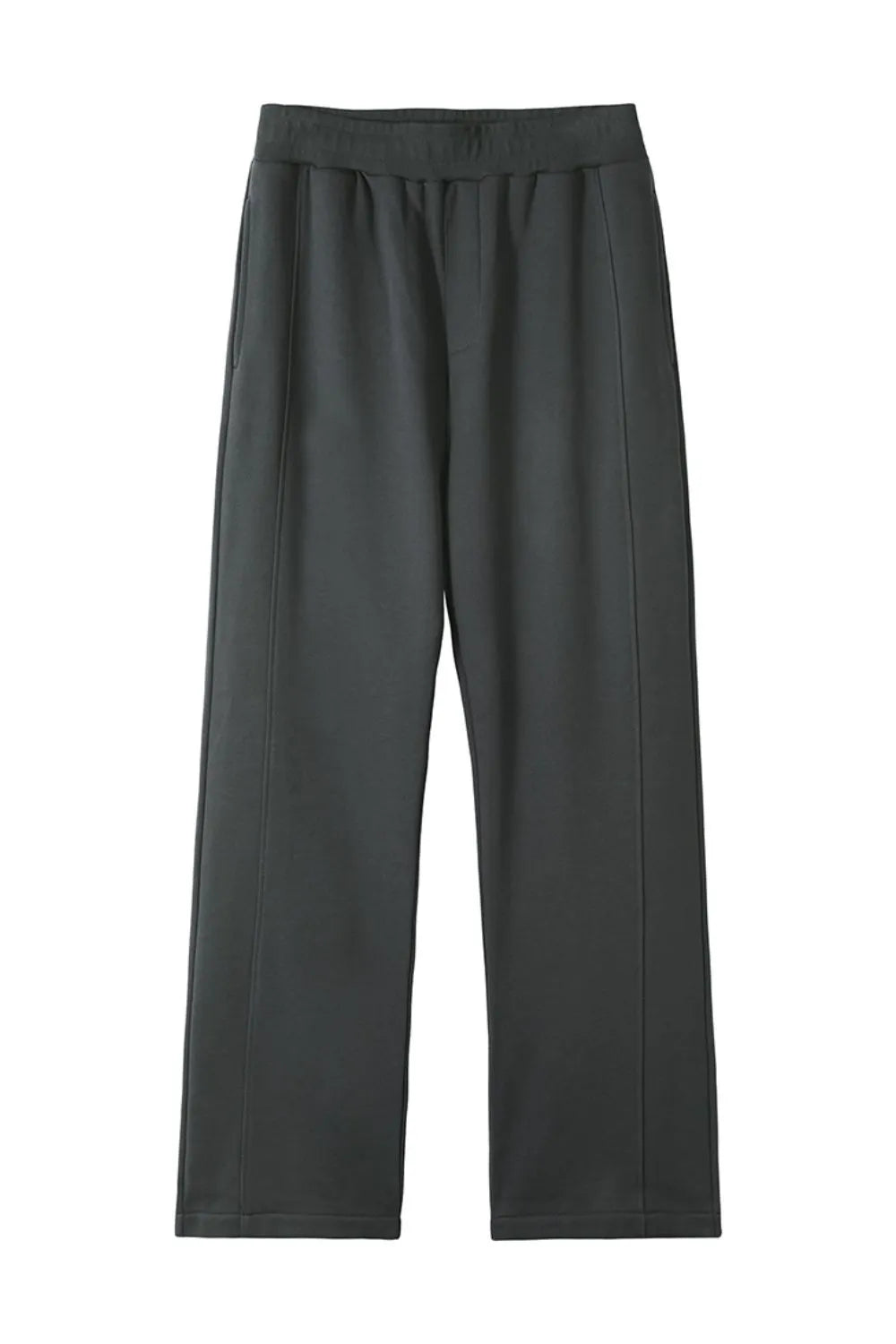 Dark gray seamed lounge trousers with a relaxed fit and elastic waistband.