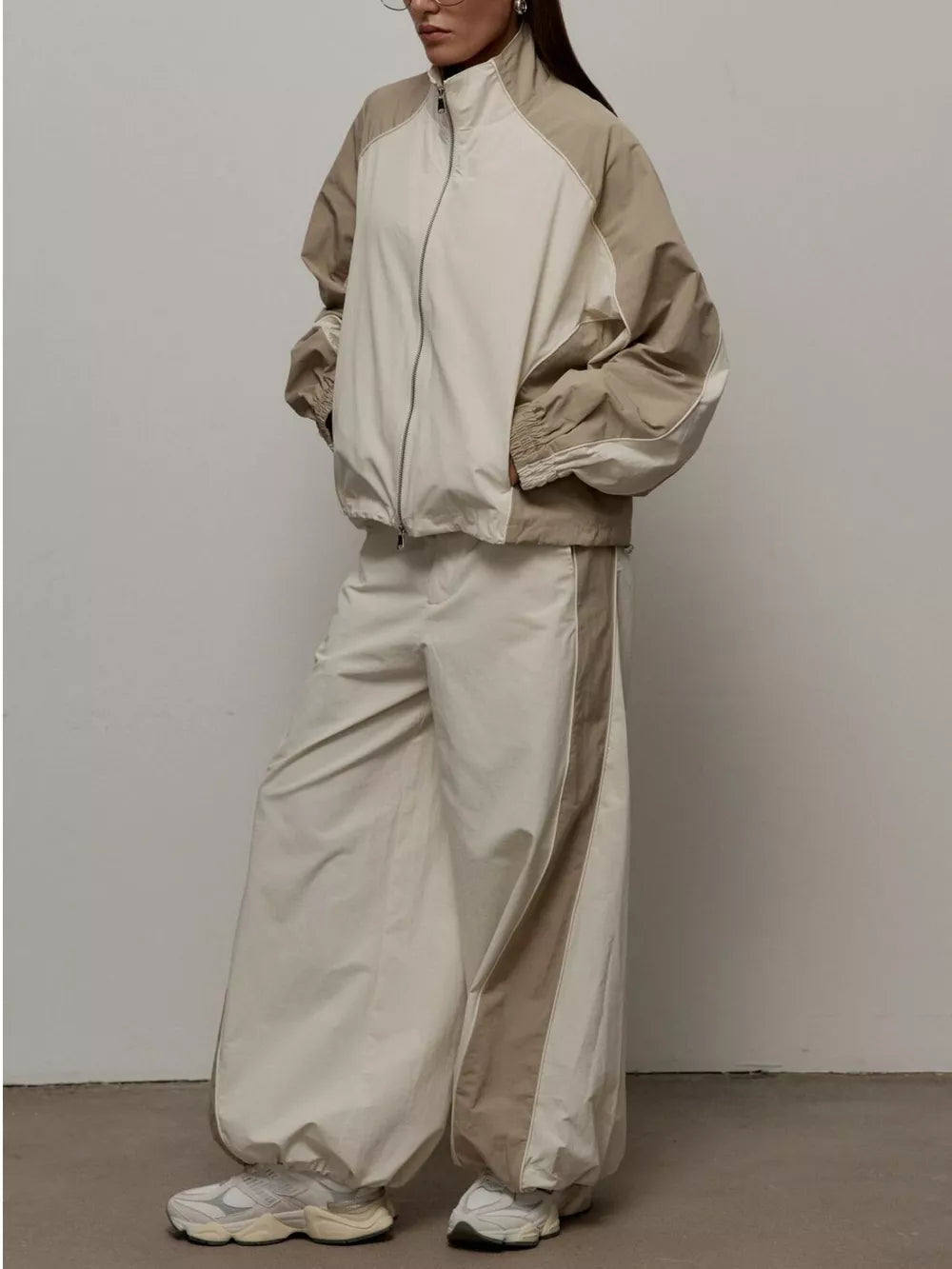 Color Block Zip Up Outerwear And Pants Set in Grey, front view