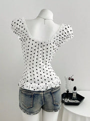 Polka Dot Lace Trim Cap Sleeve Blouse, back view