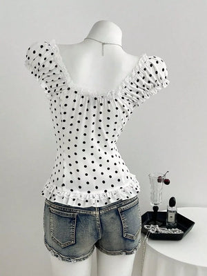 Polka Dot Lace Trim Cap Sleeve Blouse, back view