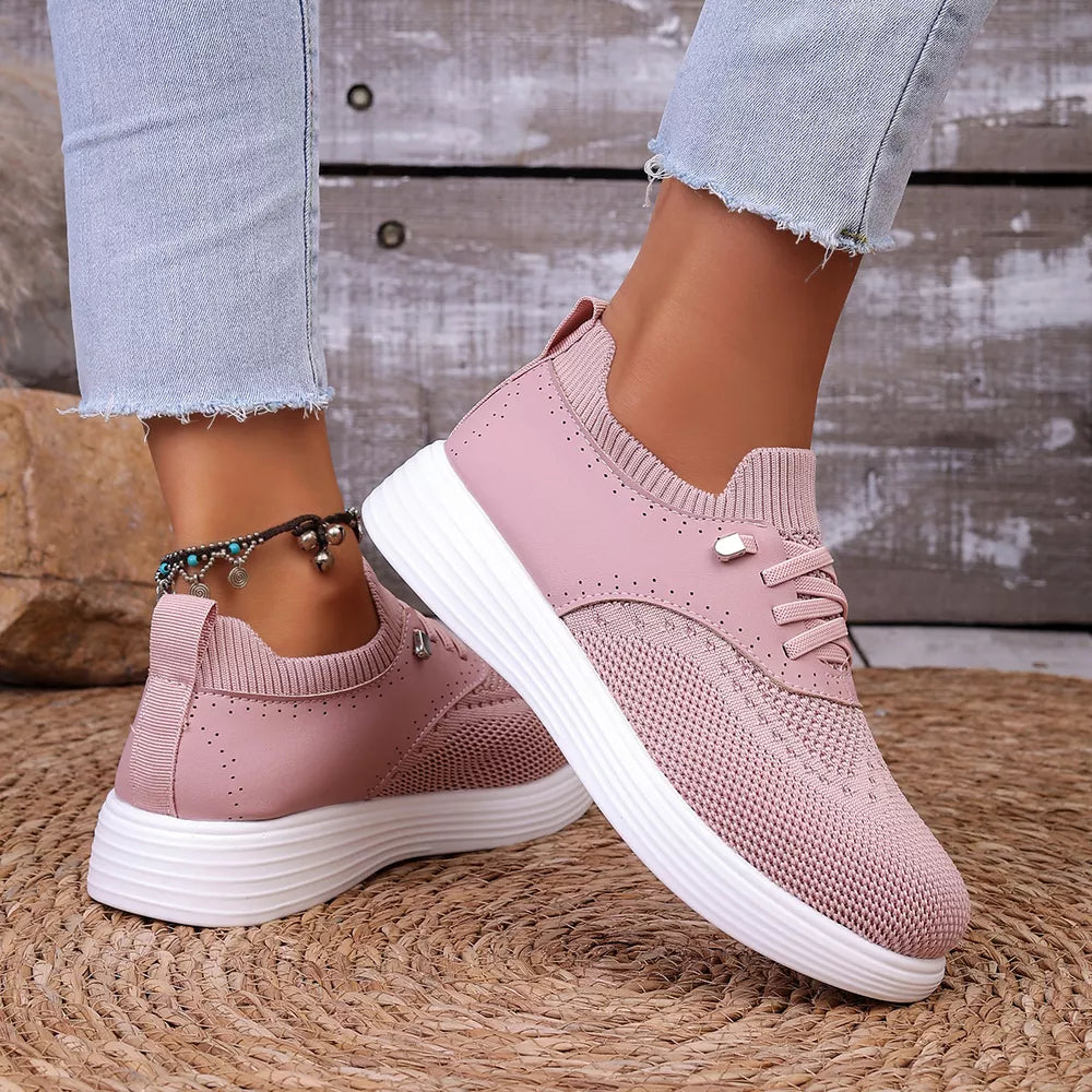 Round Toe Lace Up Sneakers in Pink, editorial view