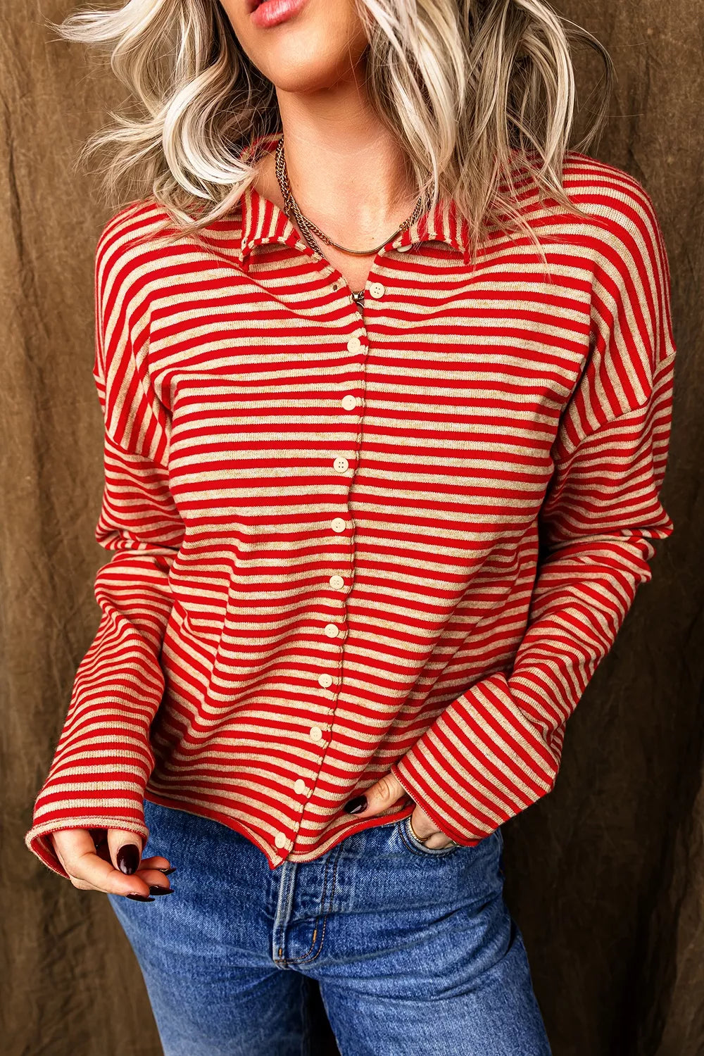 Striped Button Collar Long Sleeve Cardigan in Scarlet, front view