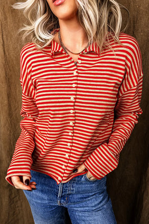 Striped Button Collar Long Sleeve Cardigan in Scarlet, front view