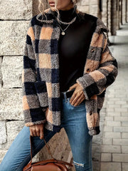 Cozy plaid sherpa trench coat with classic collar and button-down front.