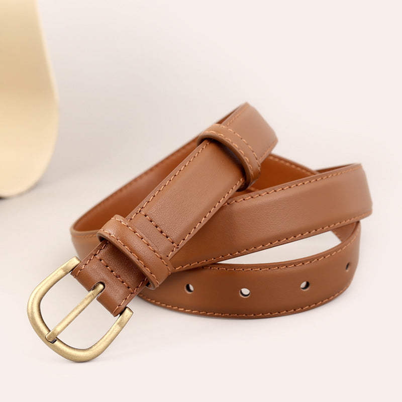 Brown cowhide leather belt with antique brass D-ring buckle and stitched details.
