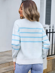 Pullover sweater in Pastel Blue and white stripes, crew neck, long sleeves, acrylic knit.