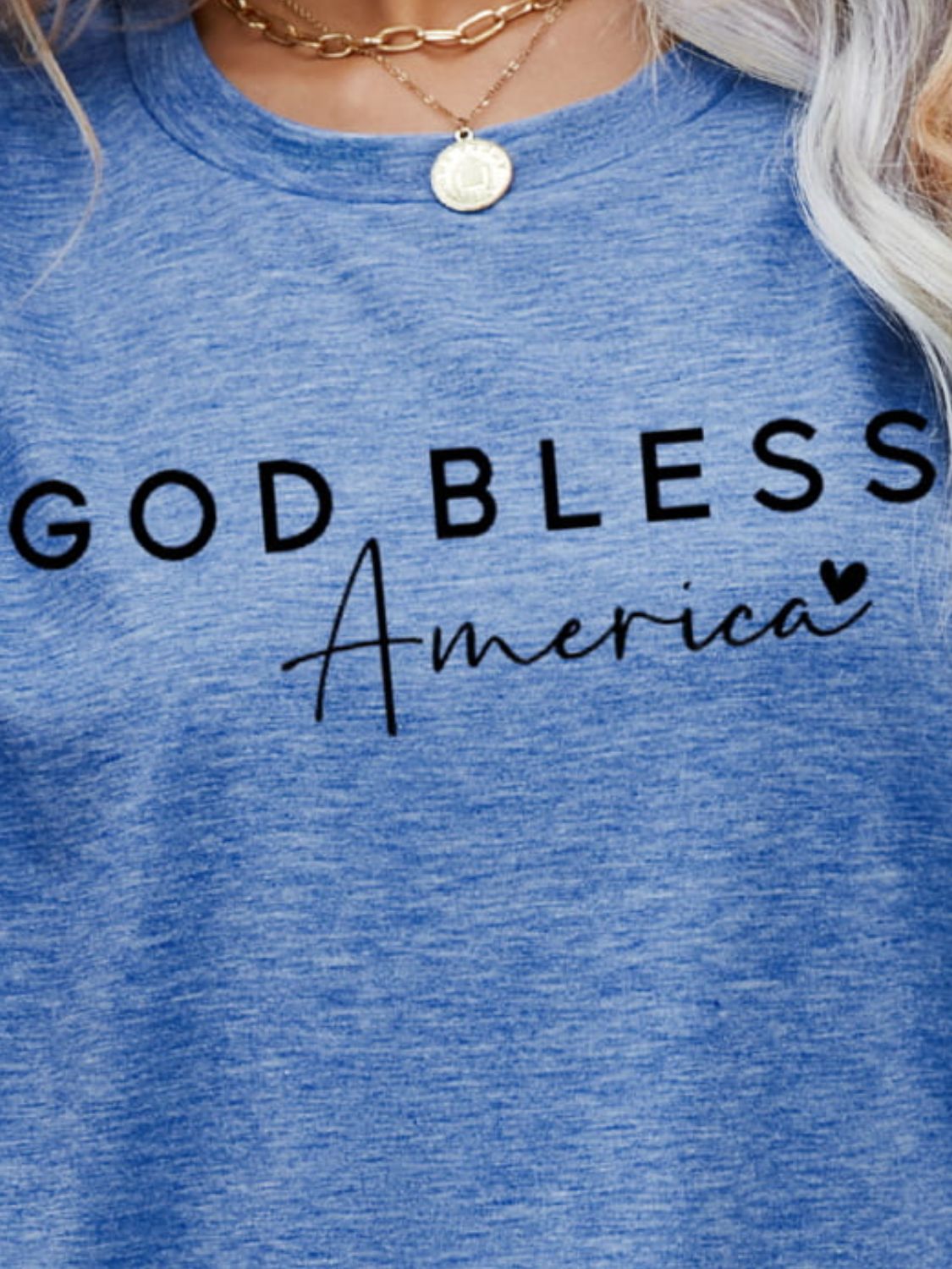 Cobalt blue t-shirt with black God Bless America script graphic