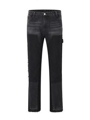 Black two-tone carpenter jeans with a straight leg fit and distressed details.