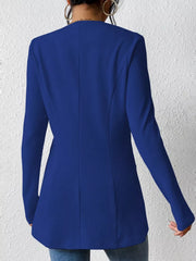 Blue single-button blazer with tailored fit and long sleeves, shown from the back.