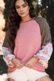 Paisley Puff Sleeve Raglan Tee in Dusty Pink with plaid and paisley sleeves.
