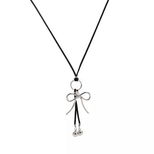 Elegant Bow Pendant Faux Leather Necklace in Silver, editorial view