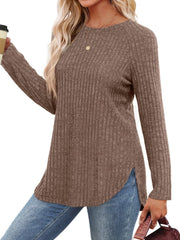 Brown ribbed knit sweater with raglan sleeves and asymmetric hem detail.