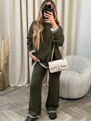 Army green relaxed sweater set with contrast trim and wide leg pants.