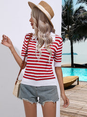 Red and white striped knit polo top with short sleeves and a collar.