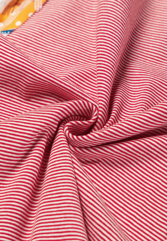 Patchwork stripe raglan tee in deep red and white thin stripes.
