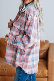 Pastel plaid shacket in dusty pink with contrast collar and button front.