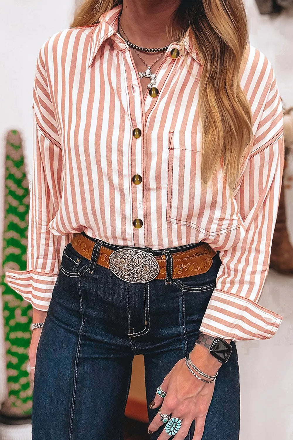 Stripe Western Button Down Long Sleeve Shirt, back view