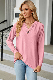 Textured Henley V-Neck Top in Blush Pink with button detail and long sleeves.
