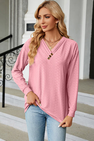 Textured Henley V-Neck Top in Blush Pink with button detail and long sleeves.