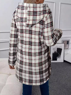 Plaid hooded trench coat with button detail in white and black plaid.