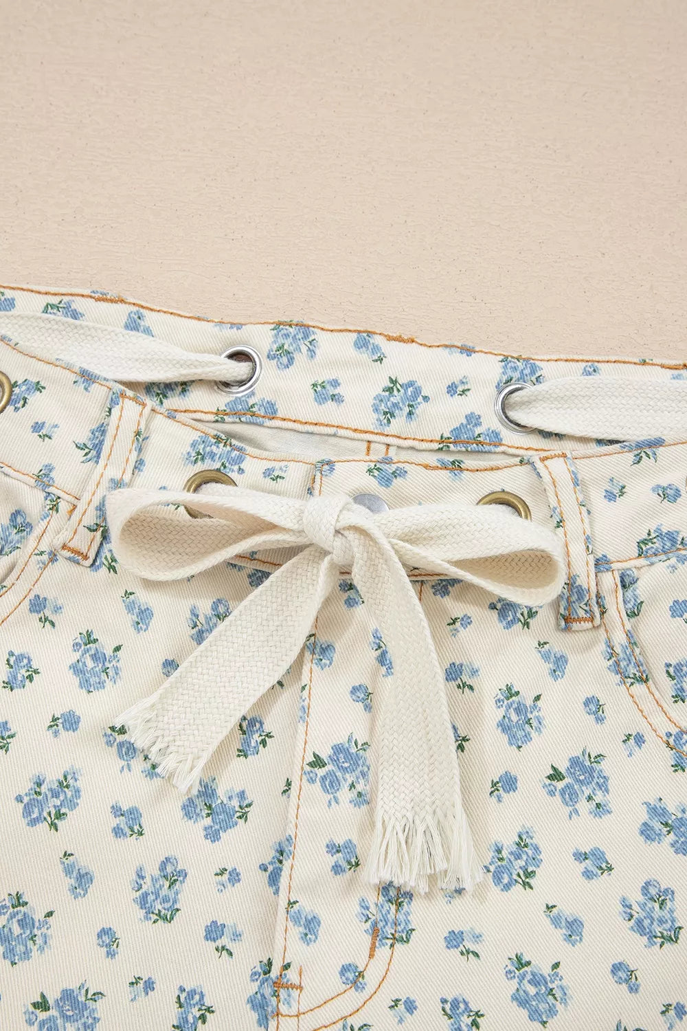 Grommet Knot Waist Floral Barrel Leg Jeans, back view