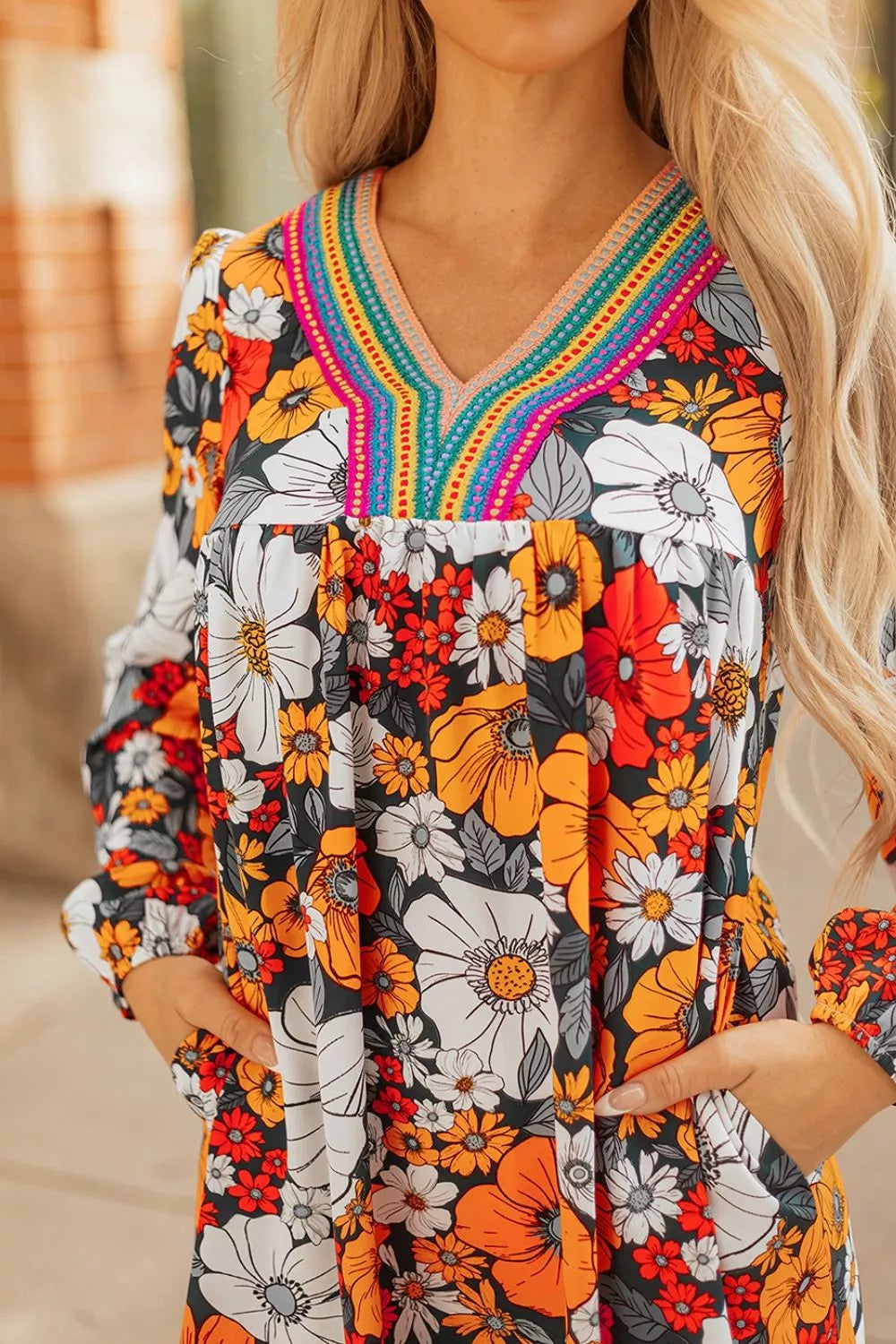 Boho Floral Print V-neck Mini Dress With Pockets in Multicolor, alternate angle